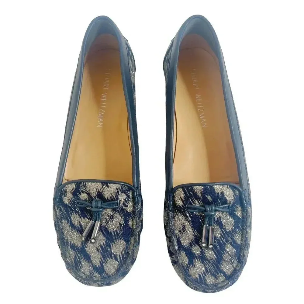Stuart Weitzman Blue Leather and Gold Glitter Loafer Flats Size 8.5